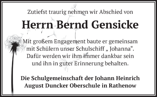 Traueranzeige von Bernd Gensicke von Märkische Oderzeitung