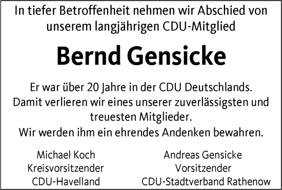 Traueranzeige von Bernd Gensicke von Märkische Oderzeitung