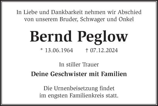 Traueranzeige von Bernd Peglow von Märkische Oderzeitung