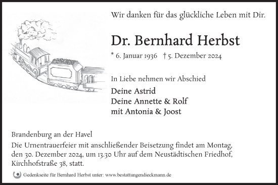 Traueranzeige von Bernhard Herbst von Märkische Oderzeitung