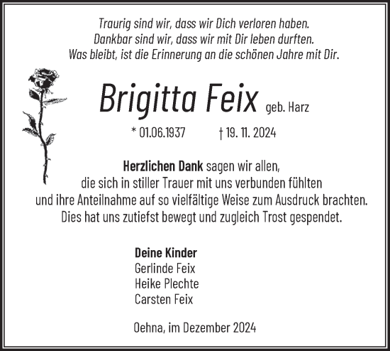 Traueranzeige von Brigitta Feix von Märkische Oderzeitung