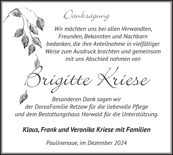 Traueranzeige von Brigitte Kriese von Märkische Oderzeitung