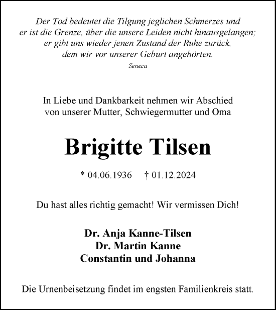 Traueranzeige von Brigitte Tilsen von Märkische Oderzeitung