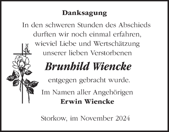 Traueranzeige von Brunhild Wiencke von Märkische Oderzeitung