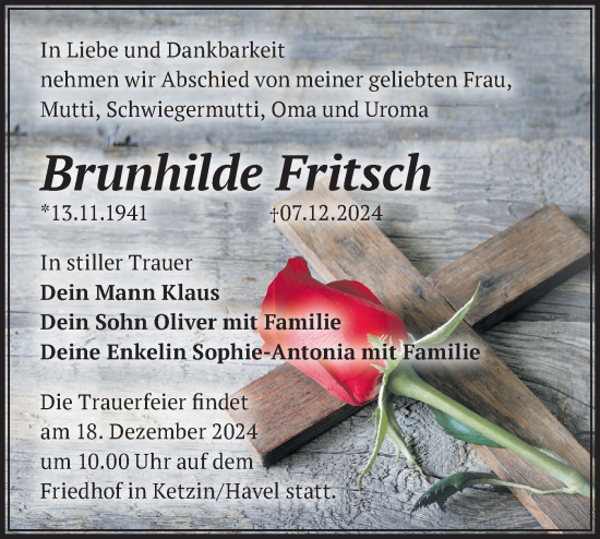 Traueranzeige von Brunhilde Fritsch von Märkische Oderzeitung