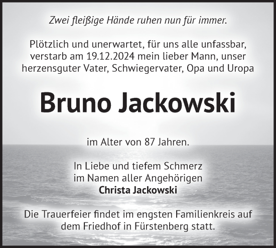 Traueranzeige von Bruno Jackowski von Märkische Oderzeitung