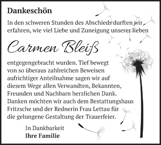 Traueranzeige von Carmen Bleiß von Märkische Oderzeitung