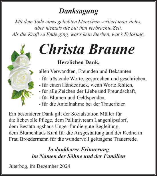 Traueranzeige von Christa Braune von Märkische Oderzeitung