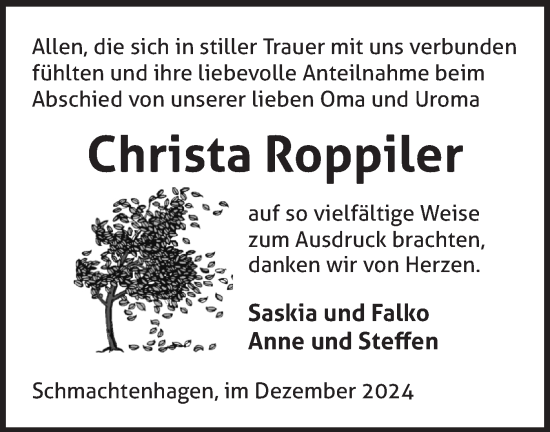 Traueranzeige von Christa Roppiler von Märkische Oderzeitung