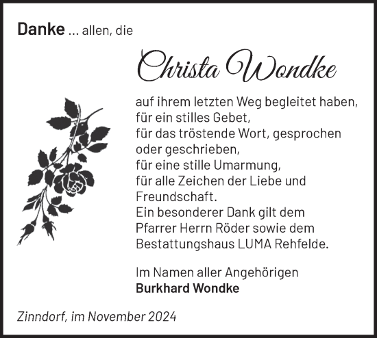 Traueranzeige von Christa Wondke von Märkische Oderzeitung