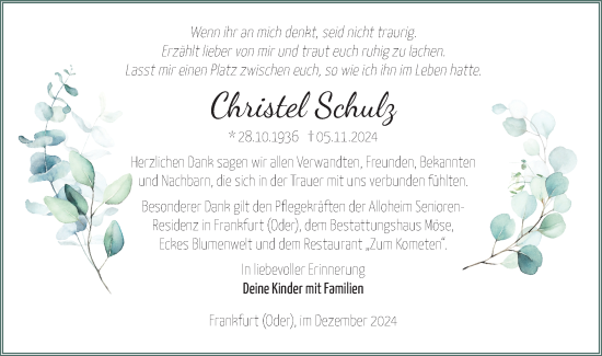 Traueranzeige von Christel Schulz von Märkische Oderzeitung