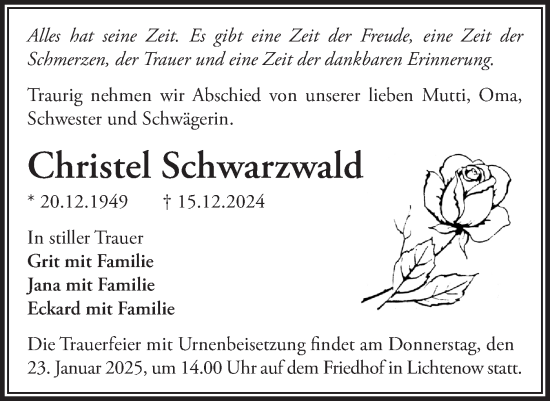 Traueranzeige von Christel Schwarzwald von Märkische Oderzeitung