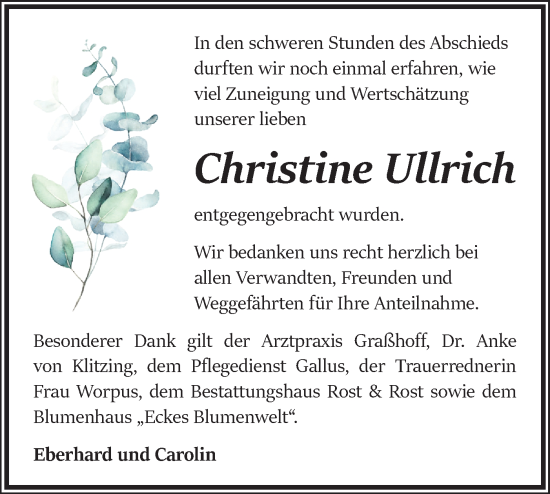 Traueranzeige von Christine Ullrich von Märkische Oderzeitung