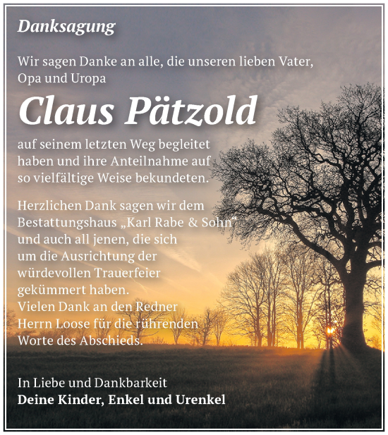 Traueranzeige von Claus Pätzold von Märkische Oderzeitung