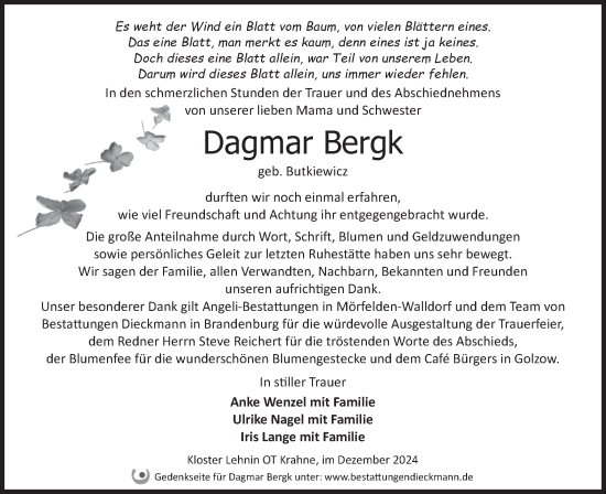 Traueranzeige von Dagmar Bergk von Märkische Oderzeitung