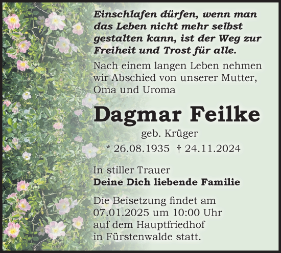 Traueranzeige von Dagmar Feilke von Märkische Oderzeitung