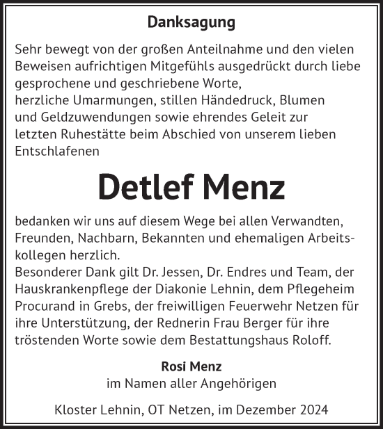 Traueranzeige von Detlef Menz von Märkische Oderzeitung