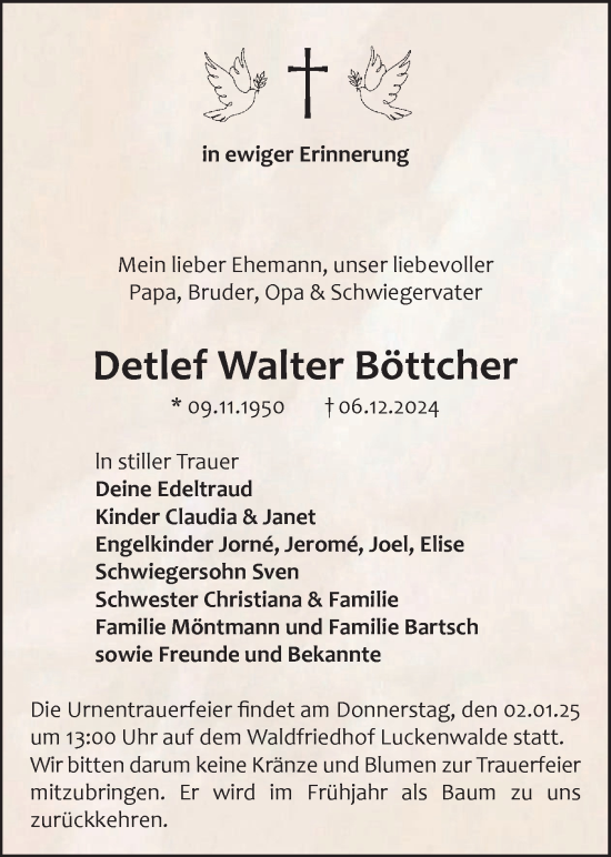 Traueranzeige von Detlef Walter Böttcher von Märkische Oderzeitung