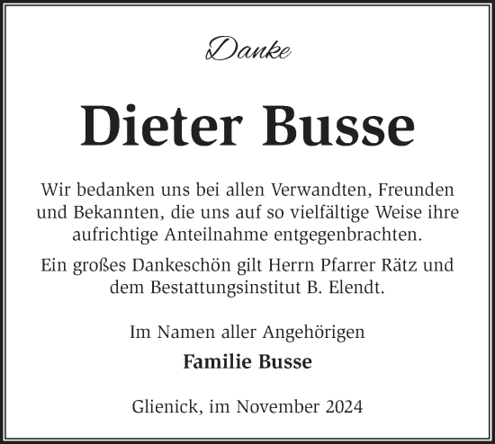 Traueranzeige von Dieter Busse von Märkische Oderzeitung