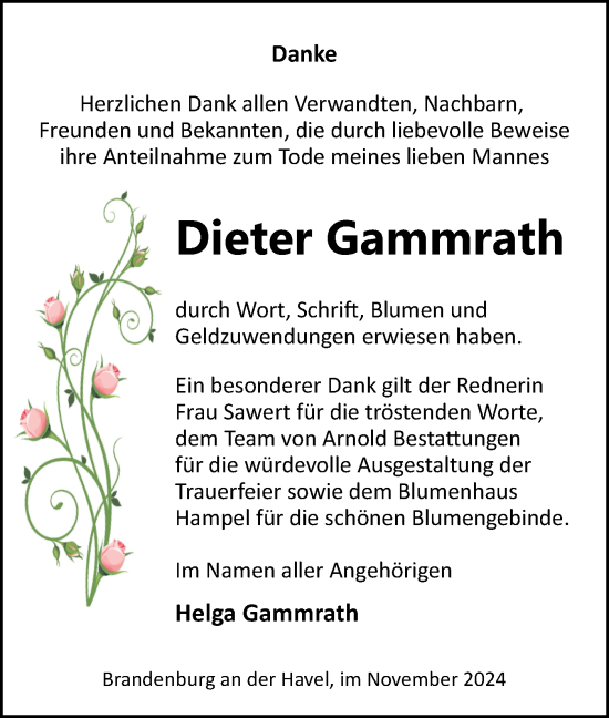 Traueranzeige von Dieter Gammrath von Märkische Oderzeitung