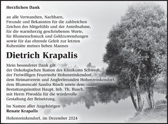 Traueranzeige von Dietrich Krapalis von Märkische Oderzeitung