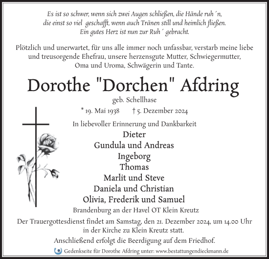 Traueranzeige von Dorothe Afdring von Märkische Oderzeitung