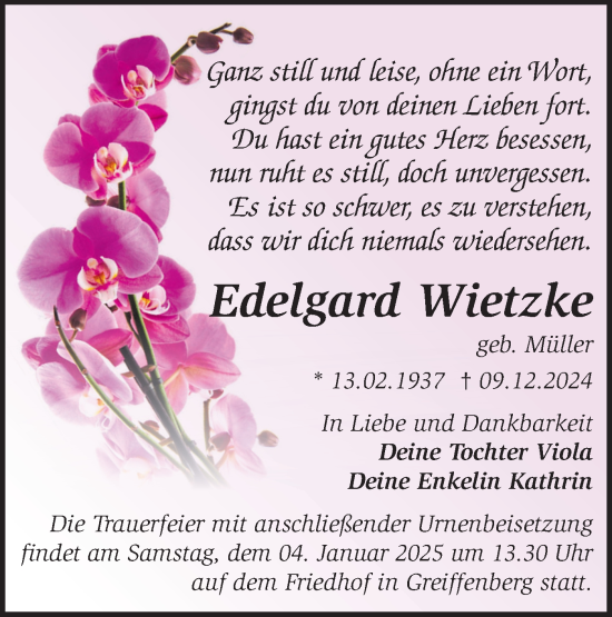 Traueranzeige von Edelgard Wietzke von Märkische Oderzeitung