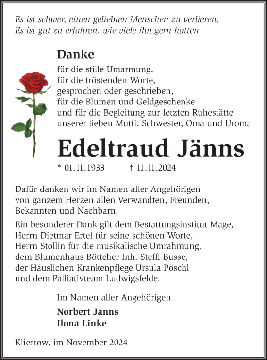 Traueranzeige von Edeltraud Jänns von Märkische Oderzeitung