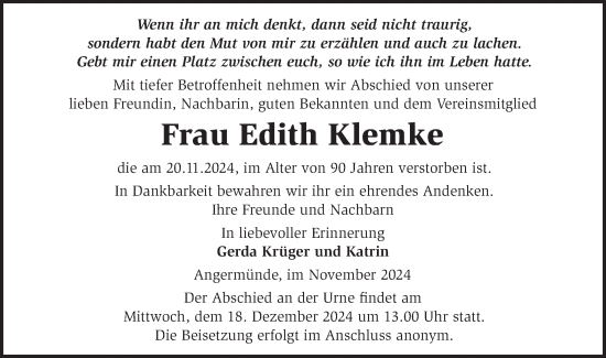 Traueranzeige von Edith Klemke von Märkische Oderzeitung