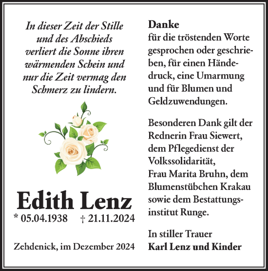 Traueranzeige von Edith Lenz von Märkische Oderzeitung