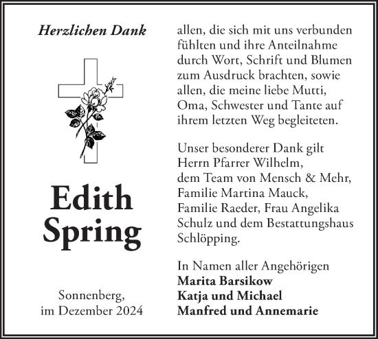 Traueranzeige von Edith Spring von Märkische Oderzeitung