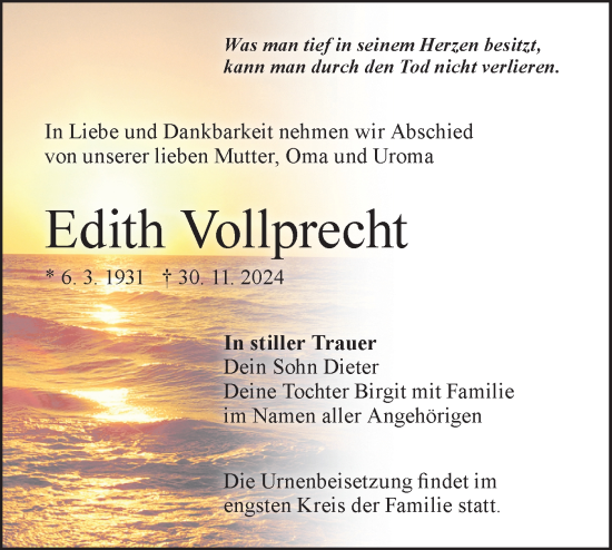 Traueranzeige von Edith Vollprecht von Märkische Oderzeitung