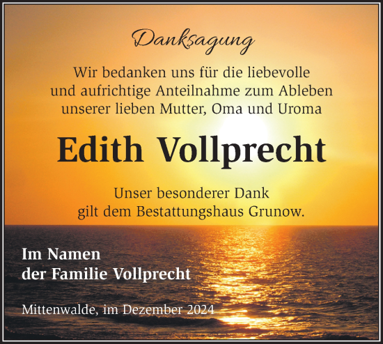 Traueranzeige von Edith Vollprecht von Märkische Oderzeitung