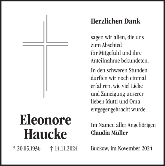 Traueranzeige von Eleonore Haucke von Märkische Oderzeitung