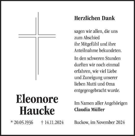 Traueranzeige von Eleonore Haucke von Märkische Oderzeitung