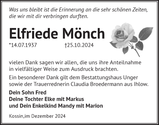 Traueranzeige von Elfriede Mönch von Märkische Oderzeitung