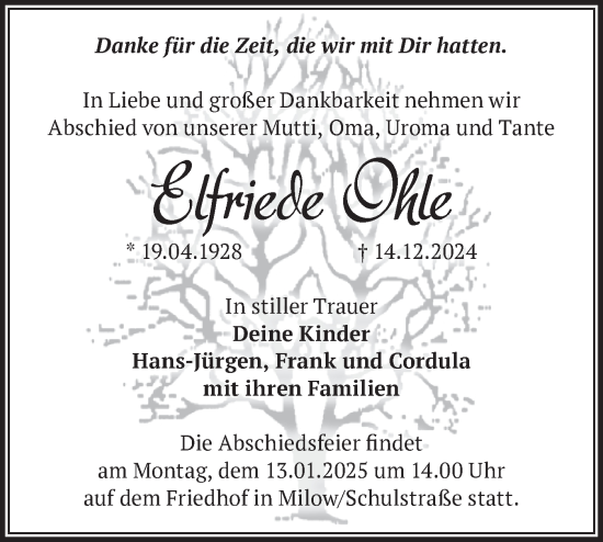 Traueranzeige von Elfriede Ohle von Märkische Oderzeitung