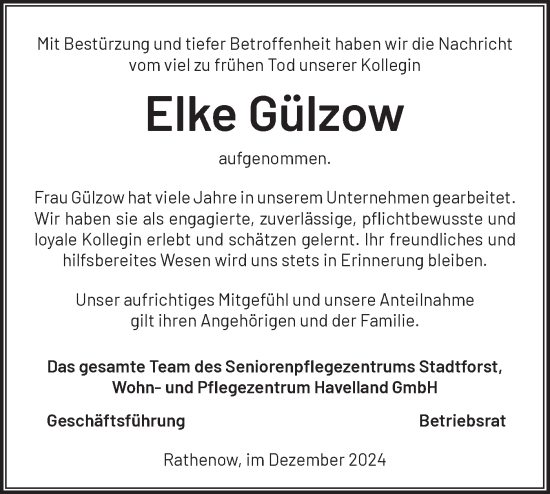 Traueranzeige von Elke Gülzow von Märkische Oderzeitung