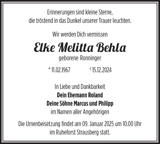 Traueranzeige von Elke Melitta Behla von Märkische Oderzeitung