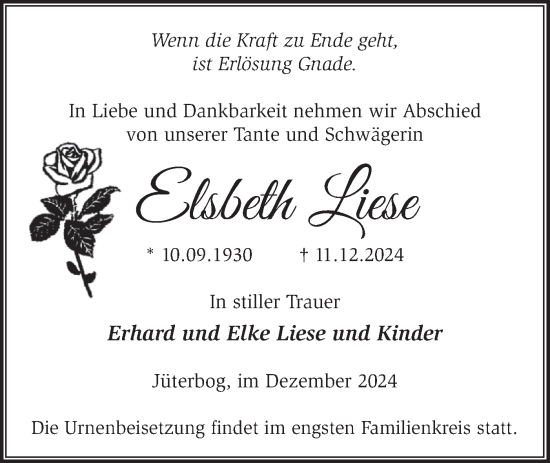 Traueranzeige von Elsbeth Liese von Märkische Oderzeitung