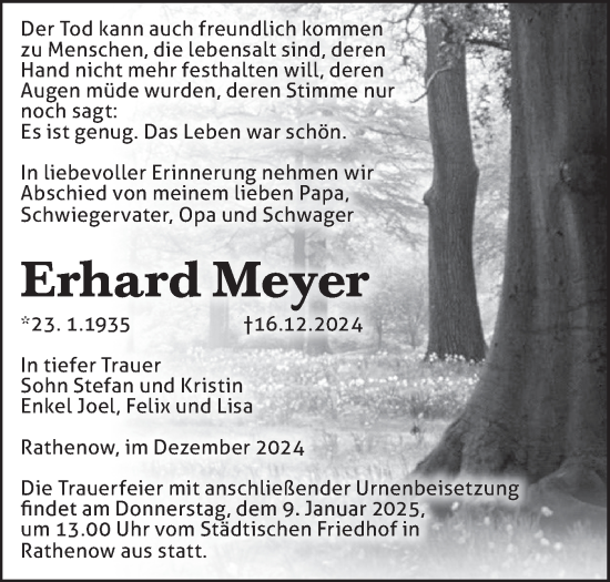 Traueranzeige von Erhard Meyer von Märkische Oderzeitung