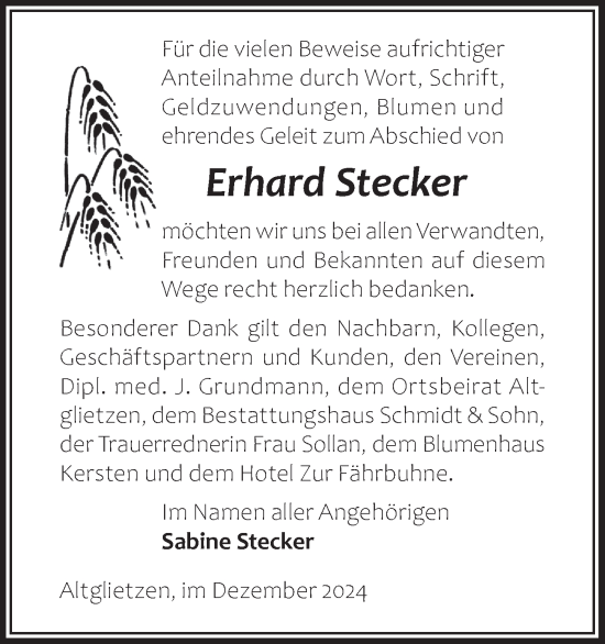 Traueranzeige von Erhard Stecker von Märkische Oderzeitung