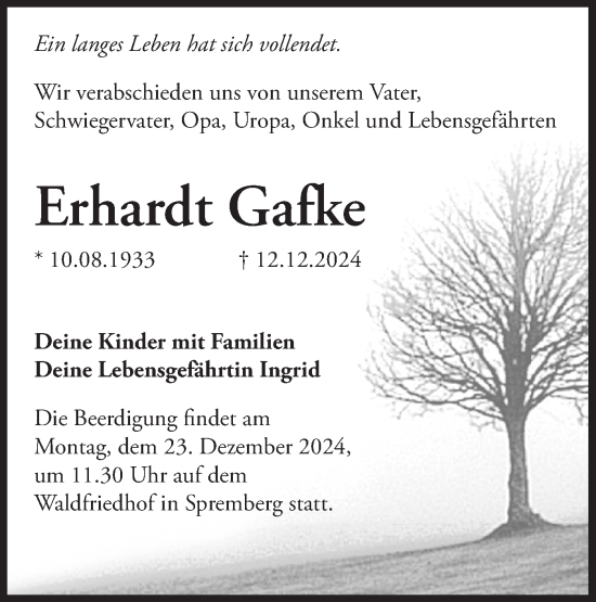 Traueranzeige von Erhardt Gafke von Märkische Oderzeitung