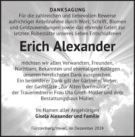 Traueranzeige von Erich Alexander von Märkische Oderzeitung