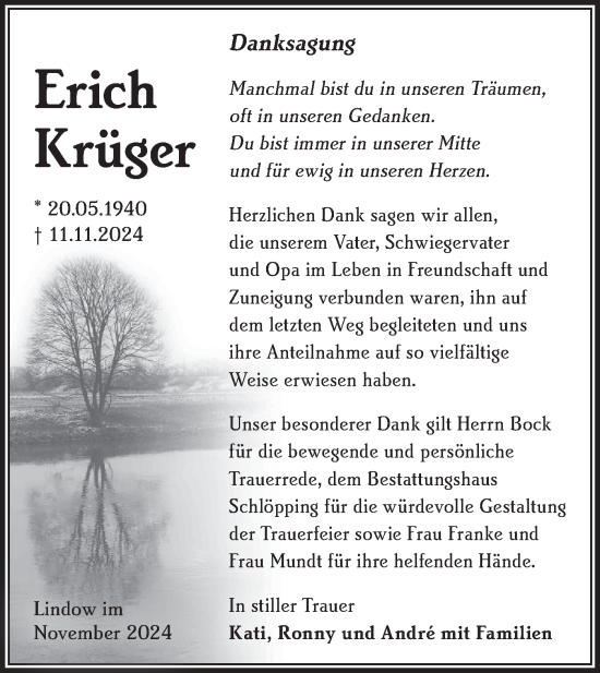 Traueranzeige von Erich Krüger von Märkische Oderzeitung