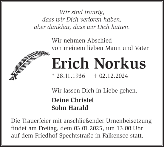 Traueranzeige von Erich Norkus von Märkische Oderzeitung