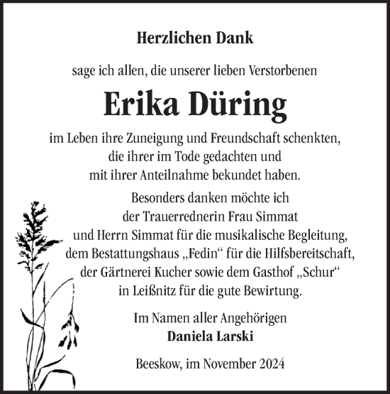 Traueranzeige von Erika Düring von Märkische Oderzeitung