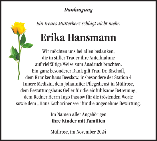 Traueranzeige von Erika Hansmann von Märkische Oderzeitung