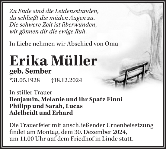 Traueranzeige von Erika Müller von Märkische Oderzeitung