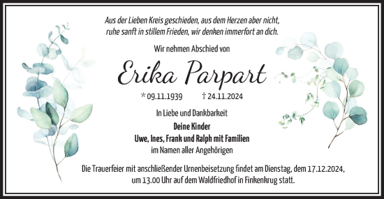 Traueranzeige von Erika Parpart von Märkische Oderzeitung